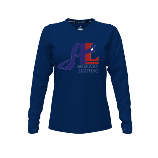 [CUS-DFW-TEES-CMF-VNK-LSL-NVY-FYXS-LOGO1] Decker Comfort T-Shirt (Female Youth XS, Navy, V Neck, Logo 1, Long Sleeve)